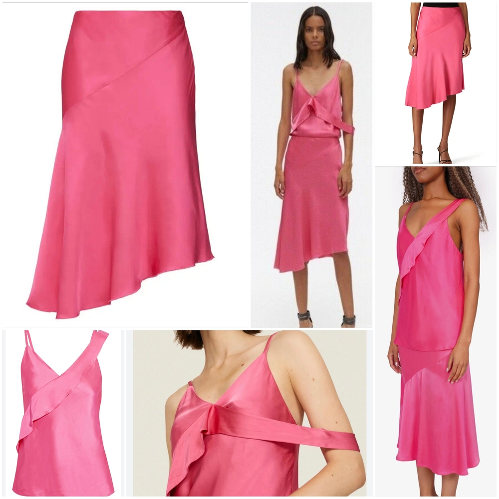 SET HELMUT LANG Pink Satin A-line Asymmetric Flounce Midi Skirt and Satin Top